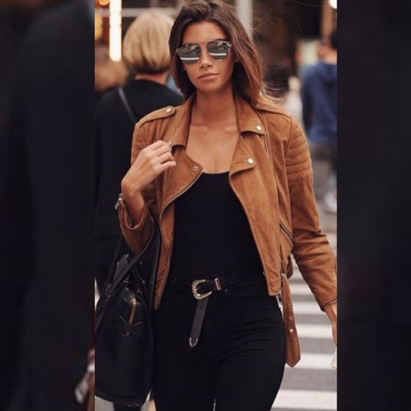 Theory Cropped Lambskin Suede Leather Moto Jacket in Caramel Sz S - Picture 14 of 14